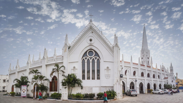 CHENNAI, INDIA - NOVEMBER 18, 2018: San Thome Basilica is a Roman Catholic minor basilica. It was built in the 16th century by Portuguese explorers, over the tomb of St. Thomas, an apostle of Jesus